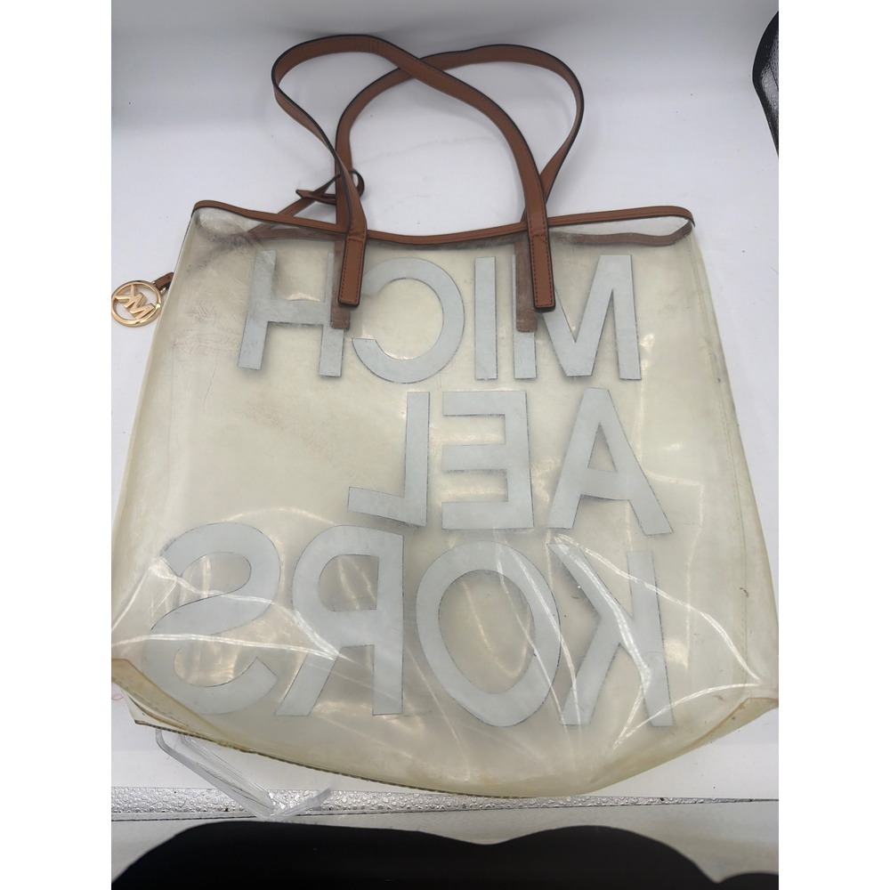 Michael Kors The Michael Large Clear Vinyl Tote Bag Brown Monogram Logo - Picture 4 of 4
